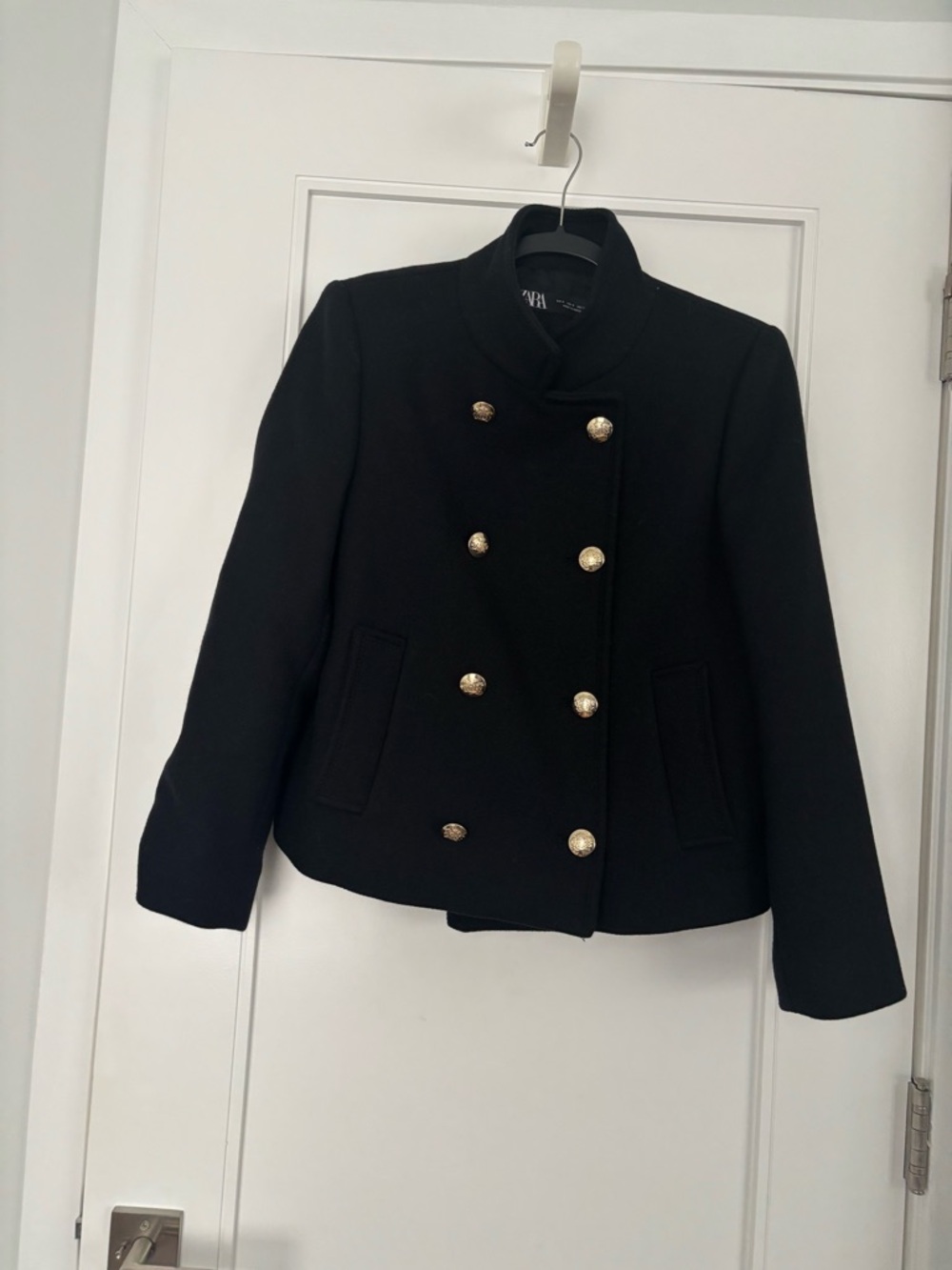 Zara Black Double-Breasted Peacoat with Gold Buttons